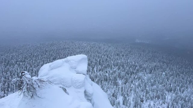 View of the white rocks and the winter forest on Mount Polyud. Lappish spruces on Mount Polyud in the Perm region in winter. In winter, there is a lot of snow and frost on the trees in the Urals. 4К