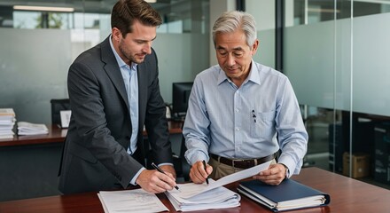 Business professionals discussing documents at office desk
