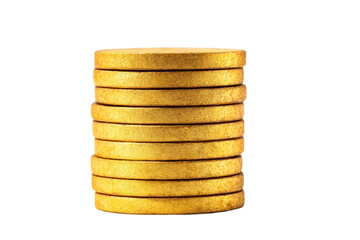 Stack of shiny gold coins on black background, cut out