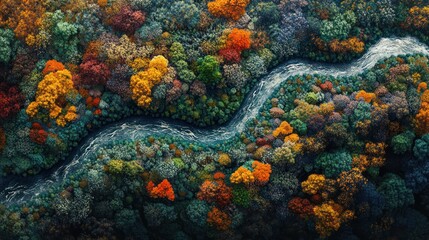 Autumnal forest river winding through vibrant foliage.  A breathtaking aerial perspective of a colorful autumnal forest, with a meandering river cutting through the vibrant landscape