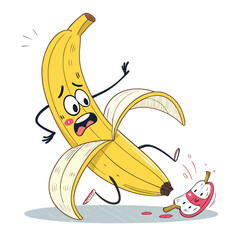 A cheerful yellow banana character, wearing shoes, slips comically on its own peel.  The peel is bright yellow.