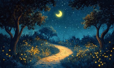 Digital painting of a mystical moonlit path through an enchanted forest with glowing fireflies, Generative AI