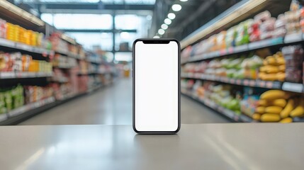 Smartphone with mockup white screen vegetable store blurred background