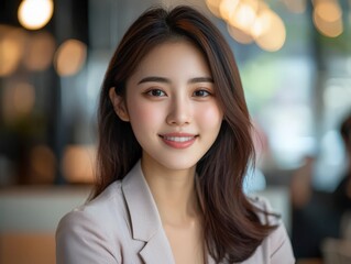 Smiling elegant Confident Young Professional seated at a desk in a modern office setting