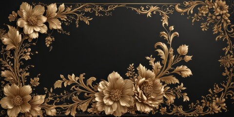 Luxurious black card, gold accents, floral pattern, satin ,  ribbon,  party,  exclusive