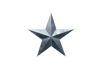 Silver metallic star symbol on black background with sharp edges, cut out