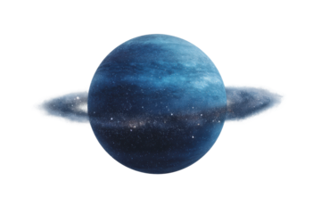 Blue planet with rings in deep space surrounded by stars, cut out