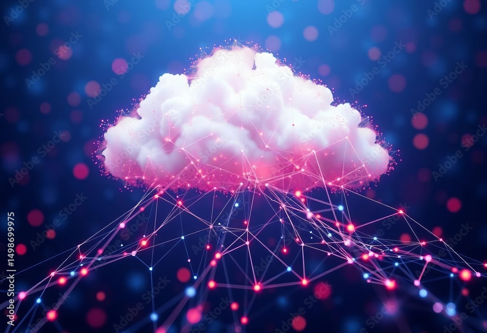 Poster abstract network nodes and connections forming a cloud, symbolizing big data and ai, cloud computing