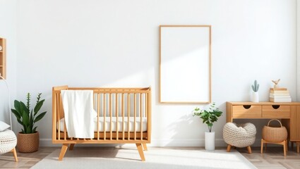 bright and modern nursery with natural wooden crib