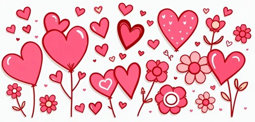 Cute doodle hearts, flowers, and love-themed objects in a playful, vibrant Valentine's Day design,  love,  graphic