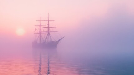 Fototapeta premium A ghostly ship drifts in a sunrise mist