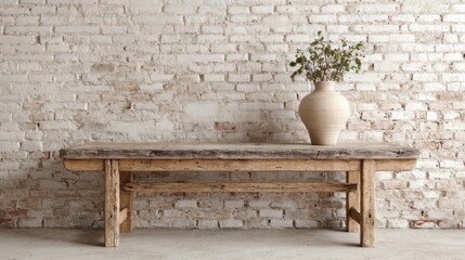 Rustic Wooden Table with Beige Vase and Greenery Against White Brick Wall