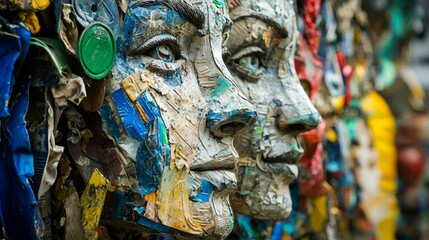 Fototapeta premium Sculpted faces highlight innovative recycling techniques.