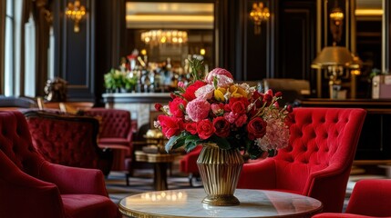 Obraz premium Luxurious hotel lobby with red velvet chairs, flowers, and a bar