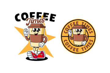 coffee cups retro cartoon character mascot illustration with walking pose and showing check ok hand for coffee shop, coffee house, restaurant, food court, cafes mascots and merchandise