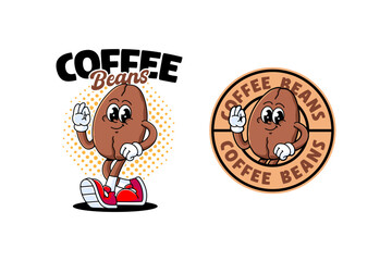 coffee bean retro cartoon character mascot illustration with walking pose and showing check ok hand for coffee shop, roastery, restaurant, food court, cafes mascots and merchandise
