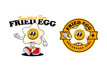 fried egg retro cartoon character mascot illustration with walking pose and showing funny expression for restaurant, food court, cafes, eatery, cafeteria mascots and merchandise