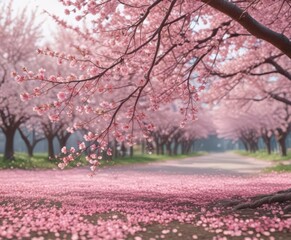 Soft pink sakura petals descend, blurred cherry trees in full bloom behind ,  soft focus,  soft