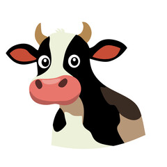 A flat design illustration of a cow's head. The artwork features a cow with black and white markings, and the background is solid white. Ideal for farm, dairy, and animal-related projects