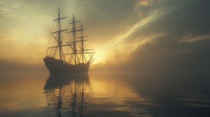 Fototapeta premium Silhouette of a sailing ship at sunrise