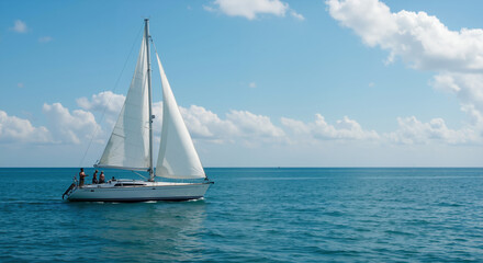 Fototapeta premium White sailboat with raised sails gliding on calm turquoise ocean water under blue sky with fluffy clouds. Summer banner for yacht charters, sailing adventures and luxury vacation cruises