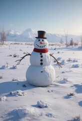 Fototapeta premium Frosty snowman, empty field, winter gear scattered , winter scene, blue
