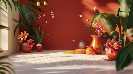 Vibrant Pongal festival border, tropical plants and earthenware