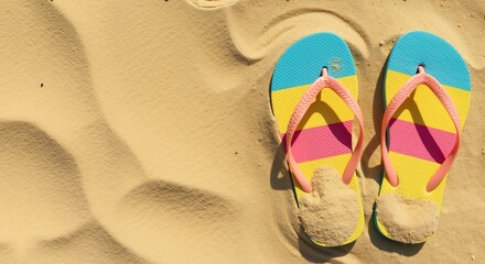 Fototapeta premium Colorful flip-flops in blue, yellow, pink lie on smooth beach sand, top view with copy space. Summer essential, casual footwear