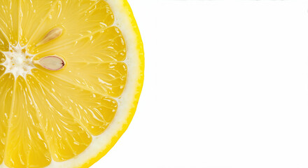 Fresh juicy lemon slice with visible pulp and seeds on white background. Bright citrus fruit detail for summer drinks advertising and healthy food promotions