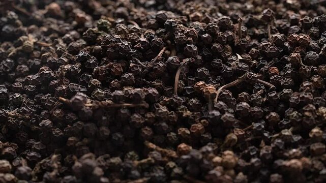 Organic black pepper kept on rotating disk. Macro video of black pepper.