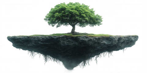 Floating Island with Tree on Transparent Background
