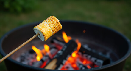Toasted marshmallow on wooden stick above campfire with glowing embers and flames. Summer camping tradition and outdoor cooking experience. Popular evening activity for family gatherings