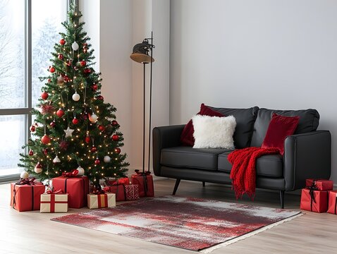 Luxury living room interior design with a comfortable sofa and a decorated Christmas tree with gifts