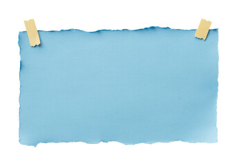Blue paper with torn edges and two pieces of tape, isolated on a transparent background