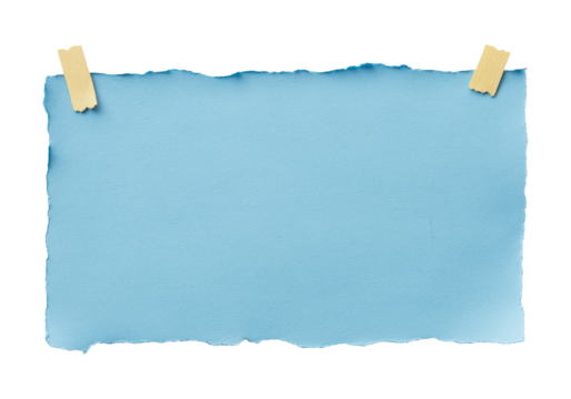 Blue paper with torn edges and two pieces of tape, isolated on a transparent background