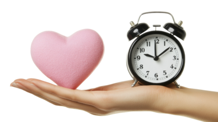 Hand Holding Up a Pink Heart and Clock Together Isolated on Transparent Background
