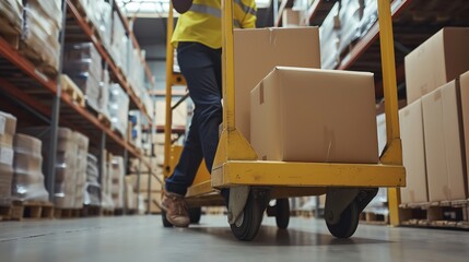 Portrait of a worker in Wearhouse pushes hand truck with a copy space, Generative AI.