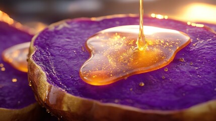 Sweet potato slices drizzled with honey.  Close-up view of vibrant purple potato slices topped with honey.  Golden honey pours onto the food, highlighting textures and colors
