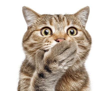 Surprised tabby cat with paws on mouth in shocked expression on black background, cut out