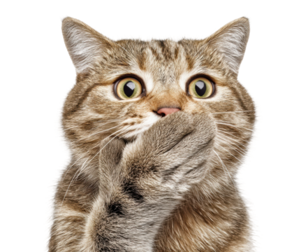 Surprised tabby cat with paws on mouth in shocked expression on black background, cut out