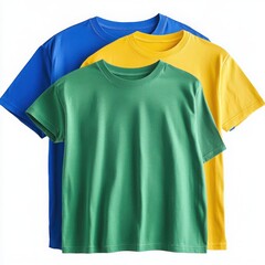 Colorful t shirts stacked neatly on white background
