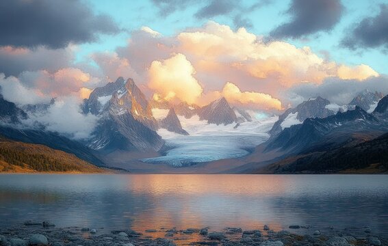 Majestic snow-capped mountain range with glacier surrounded by glowing clouds reflecting on calm lake at sunset