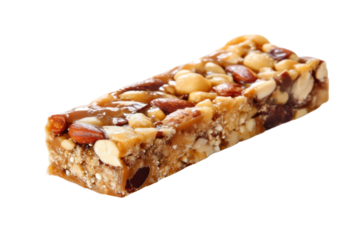 Nutty caramel granola bar with almonds and peanuts, cut out