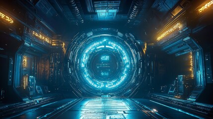 Obraz premium Exploring a high-tech vault door in a sci-fi spacecraft.
