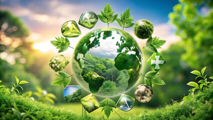 Earth globe surrounded by leaves and nature elements representing environmental conservation and sustainability with a blurred natural background