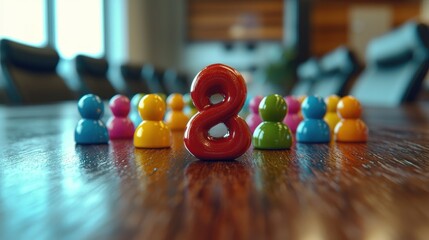 Colorful figurines surrounding a number 8 on a wooden table