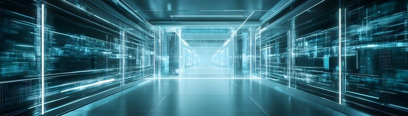Futuristic digital corridor with glowing lines.