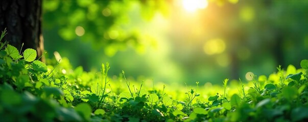 Obraz premium Vibrant summer scene featuring lush green foliage, bright sunlight filtering through leaves, and a tranquil atmosphere perfect for relaxation and escape , ecology, sunny