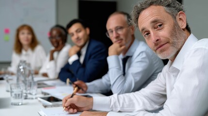 Focused Group of Professionals Engaged in Serious Discussion at a Modern Conference Table in a Bright Office Setting