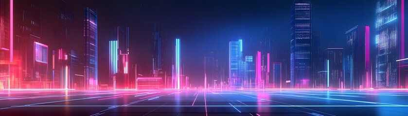 Neon-lit futuristic cityscape at night.
